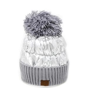 Silver and Gray Pom-Pom Beanie